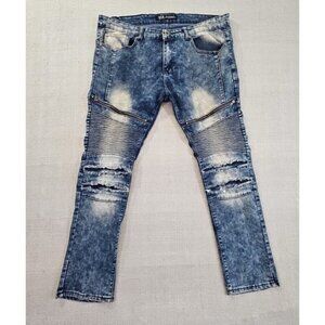 Rok Hand Crafted Jeans Men's 38x32 Med Wash Moto Tapered Leg Stretch Ruching EUC